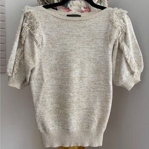Ann Taylor Cream Fringed Shoulder Boat Neck Short Sleeved Sweater